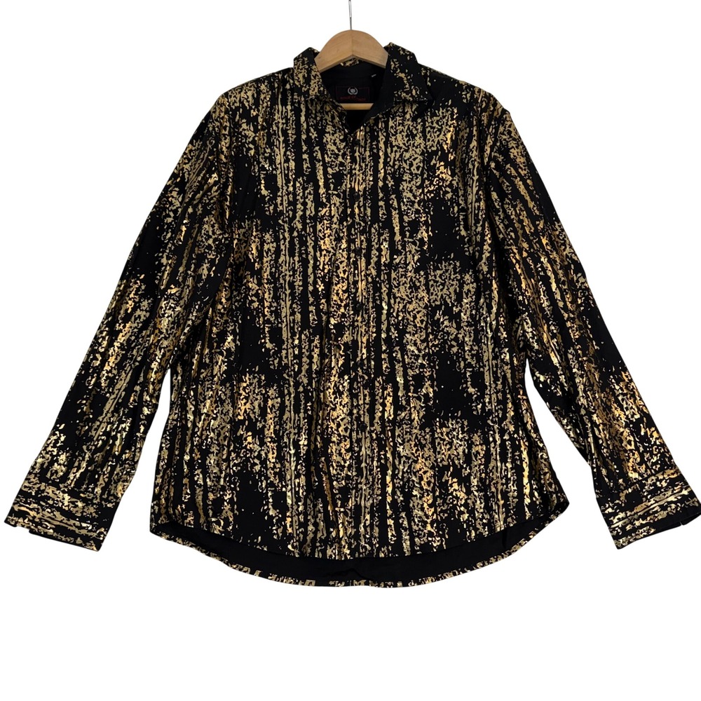 House of Lords Mens 2XL Black Gold Foil Metallic Button Down‎ Shirt Long Sleeve